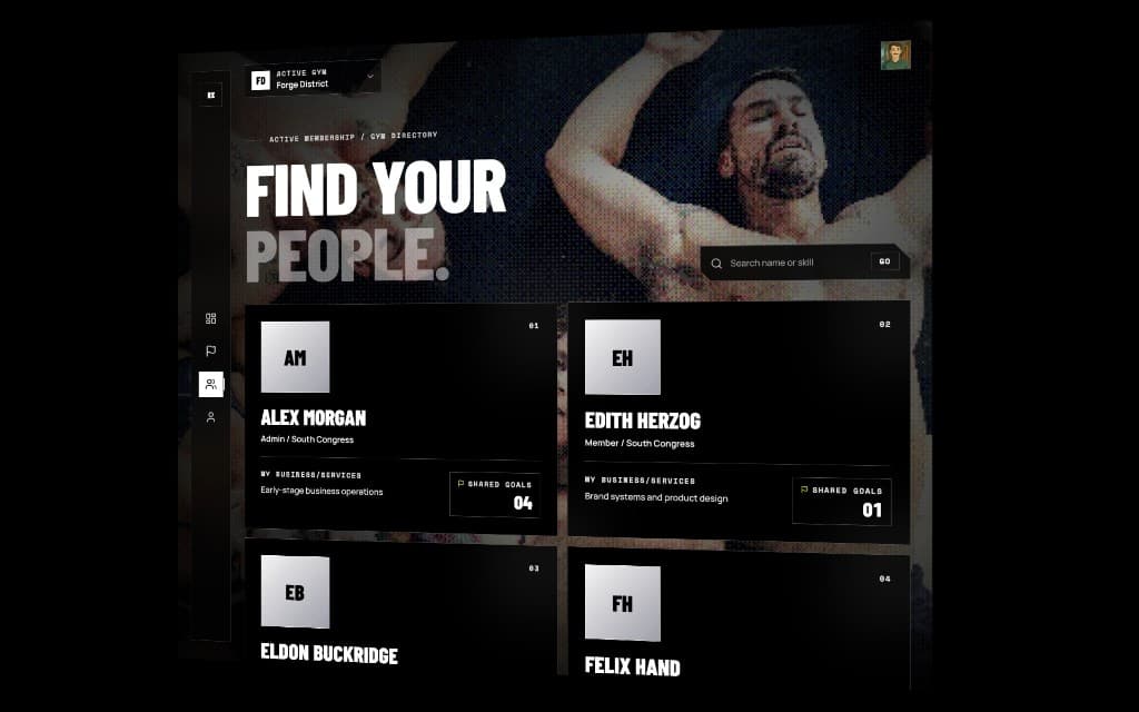 Gym directory grid of member cards with avatars, roles, and shared goal counts
